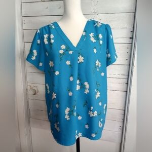 Hilary Radley Blue Floral V-Neck Blouse Short Sleeve Size Large Cottagecore